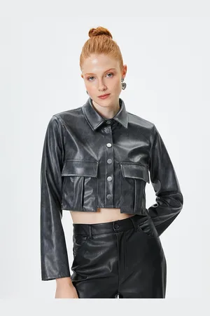 Koton Spread Collar Long Sleeves Pocket Detail Crop Leather Jacket