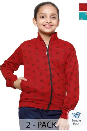 IndiWeaves Girls Pack Of 2 Floral Printed Mock Collar Fleece Front-Open Sweatshirt