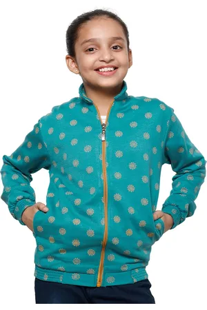 IndiWeaves Girls Floral Printed Mock Collar Long Sleeve Fleece Front-Open Sweatshirt