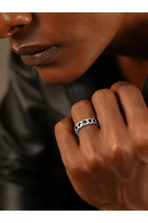 Roadster Silver-Plated Chain Texture Oxidised Adjustable Finger Ring
