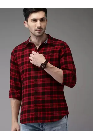 FUBAR Slim Fit Tartan Checked Spread Collar Long Sleeve Casual Shirt