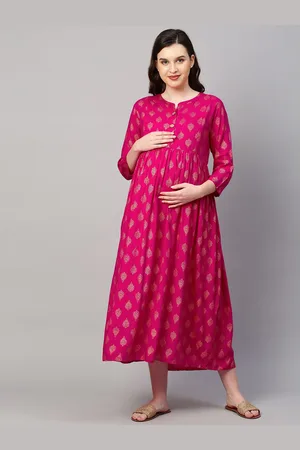 MomToBe Pink Ethnic Motifs Maternity A-Line Midi Nursing Dress