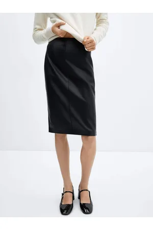 MANGO Faux Leather Back Slit Straight Midi Skirt
