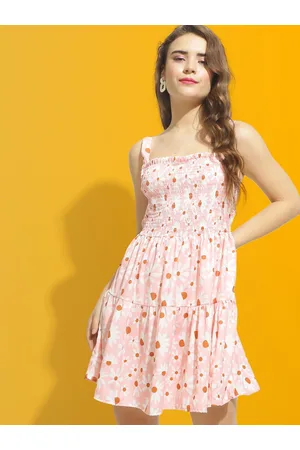 Mast & Harbour Pink & White Floral Printed Smocked A Line Mini Dress