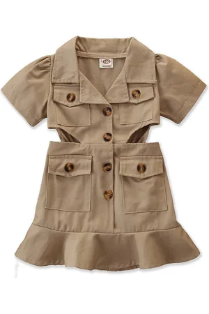 Stylecast Girls Khaki Shirt Collar Cut-Outs Cotton A-Line Midi Dress
