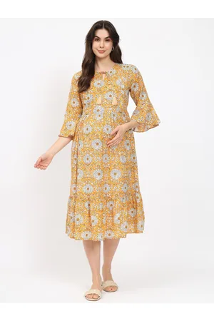 Aujjessa Yellow Floral Print Keyhole Neck Bell Sleeve Maternity Fit & Flare Midi Dress