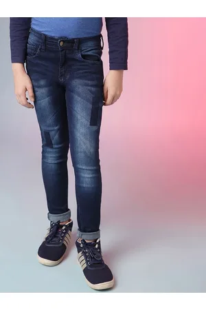 Instafab Boys Blue Smart Slim Fit Clean Look Whiskers & Chevrons Cotton Jeans