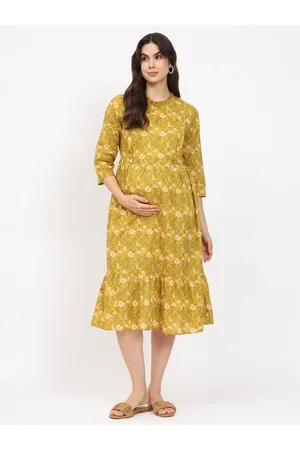 Aujjessa Mustard Yellow Floral Print Maternity Fit & Flare Midi Dress