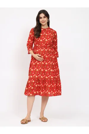 Aujjessa Red Floral Print Maternity Fit & Flare Midi Dress