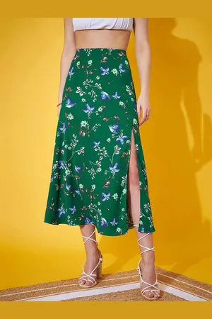 Berrylush Floral Printed Front Slit High Rise A-Line Midi Skirt