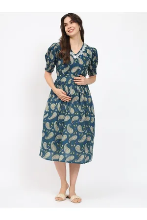Aujjessa Paisley Printed Puff Sleeves Gathered Maternity Cotton Fit & Flare Midi Dress
