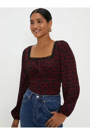 Dorothy Perkins Square Neck Floral Print Puff Sleeve Lace Trim Crinkle Top