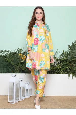 Bhama Couture Floral Printed Shirt Collar A-Line Kurta With Trousers