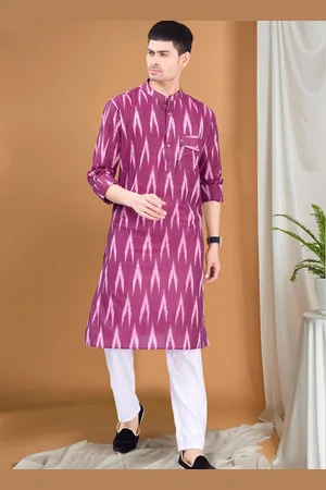 SHIWAM ETHNIX Ikat Printed Band Collar Regular Kurta With Pyjamas