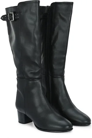 Delize Women High Top Vegan Leather Block-Heeled Knee Regular Boots With Buckle Detail