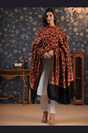 House of Pataudi Black Floral Embroidered Shawl