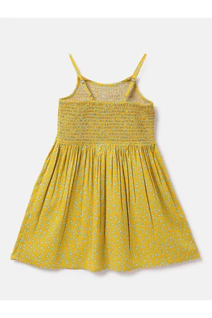 Benetton Girls Floral Printed Shoulder Strap Smocked Fit & Flare Dress