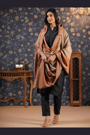 House of Pataudi Beige Floral Woven Design Fringed Shawl