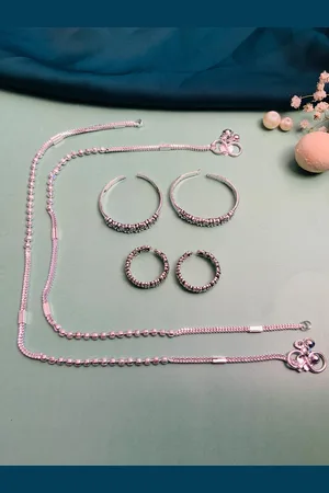ABDESIGNS Set Of 6 Silver Plated Bedded Anklet & Adjustable Toe Rings