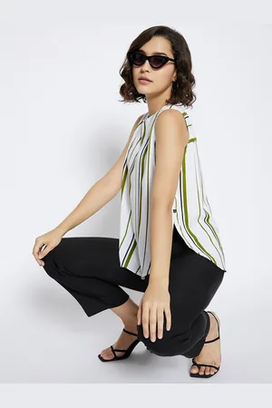 Crimsoune Club Women Olive Green & White Striped Keyhole Neck Regular Top
