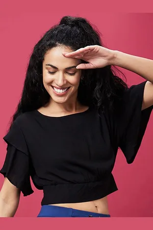 Globus Black Flared Sleeves Crop Top