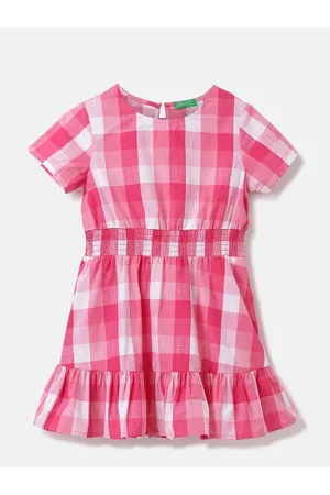 Benetton Girls Checked Smocked Flounce Cotton A-Line Dress