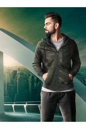 WROGN Men Olive Green Camouflage Printed Hooded Sweatshirt