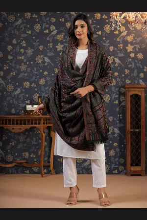 House of Pataudi Black Floral Woven-Design Shawl