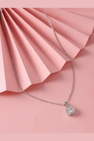 Ami Silver-Plated Artificial Stone-Studded & Square Shape Pendant With Chain