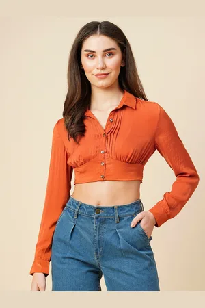 Chemistry Rust Red Pintucked Satin Shirt Style Crop Top