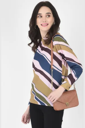 Crimsoune Club Women Beige & Blue Waves Print Top