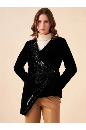 Antheaa Black Embellished Shawl Collar Long Sleeves Velvet Single-Breasted Wrap Coat