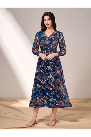 KERI PERRY Women Navy Blue Georgette Paisley Print Flared Dress