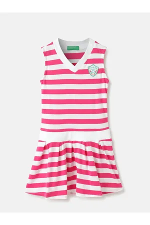 Benetton Girls Striped V-Neck Cotton Drop-Waist Dress