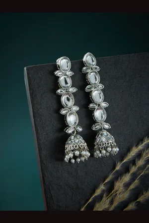 ATIBELLE Silver-Toned & White Kundan Earrings