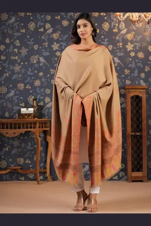 House of Pataudi Beige Floral Woven Design Fringed Shawl
