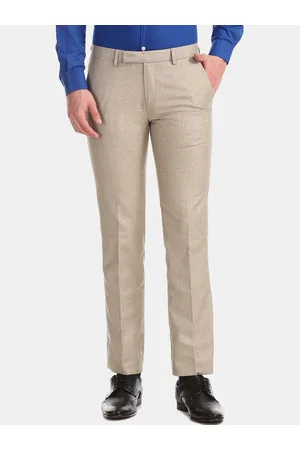 men beige regular fit self design formal trousers