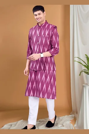SHIWAM ETHNIX Geometric Ikat Printed Band Collar Straight Kurta & Pyjama With Nehru Jacket