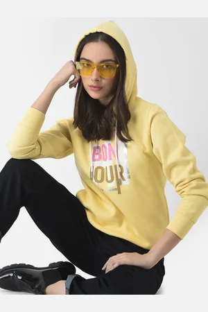 Crimsoune Club Women Yellow Printed Hooded Sweatshirt