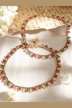 Rubans Women Set Of 2 Gold Plated Red & Green Stone Studded Anklet