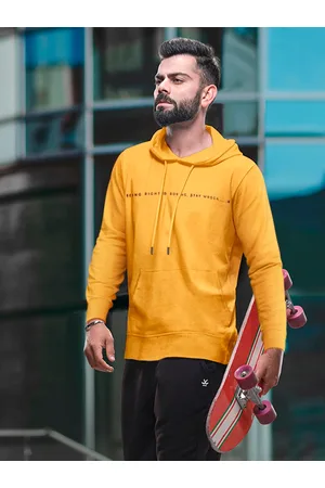 WROGN Men Mustard Yellow Slim Fit Solid Hooded Sweatshirt