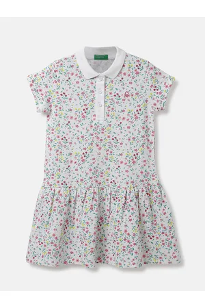 Benetton Girls Floral Printed Polo Collar Drop-Waist Dress