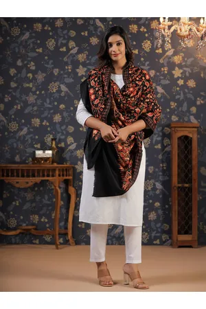 House of Pataudi Black Floral Embroidered Wool & Acrylic Shawl