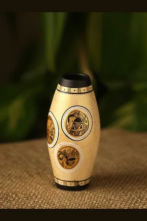 ExclusiveLane Gold-Toned & White Set Of 2 Madhubani Art Dholak Shaped Terracotta Vases
