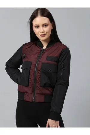 Campus Women Red Windcheater Crop Outdoor Bomber with Patchwork Jacket