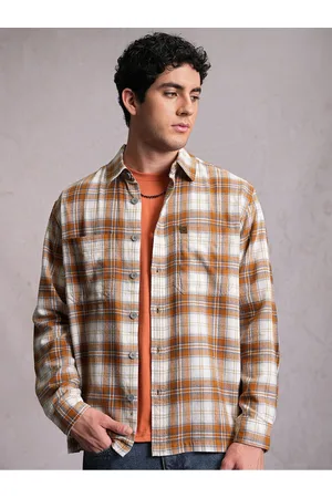 LocoMotive Men Orange Flannel Checked Utility Pocket Overshirt
