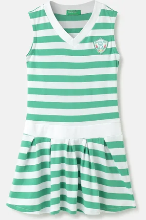 Benetton Girls Striped V-Neck Cotton Drop-Waist Dress