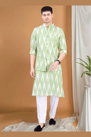 SHIWAM ETHNIX Geometric Ikat Printed Band Collar Straight Kurta & Pyjama With Nehru Jacket