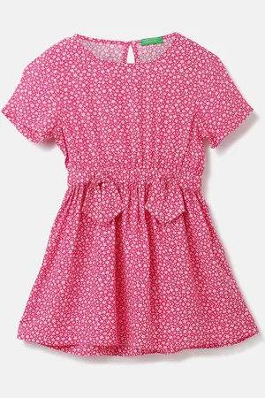 Benetton Girls Floral Printed Gathered Bow Detail A-Line Dress