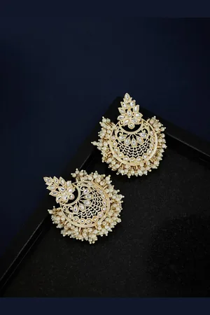 ATIBELLE Gold-Plated Kundan Studded Crescent Shaped Chandbalis